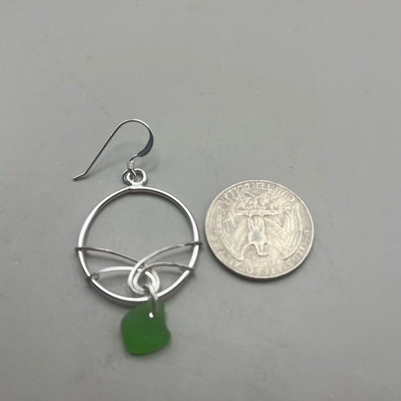 Green Sea Glass Geometric Sterling Silver Earrings - Picture 5 of 5